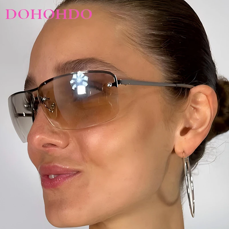

Fashion Double Bridge Punk Y2K Oval Metal Rimless Women Sunglasses Luxury Men Sunglass Outdoor Drive Travel Shade Goggles UV400