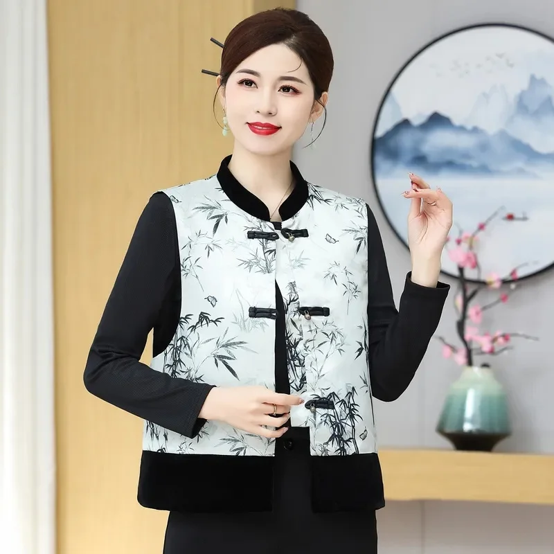 

New Chinese Style Buckle Ink Painting Tang Suit 2024 Spring And Autumn New Sleeveless Standing Collar Printed Mother's Chinese V