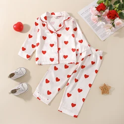 1-6Y Kid Girl Satin Pajamas Set Heart Print Valentine's Day Pajamas Sleepwear Valentine Satin Pjs Sleepwear Homewear Set