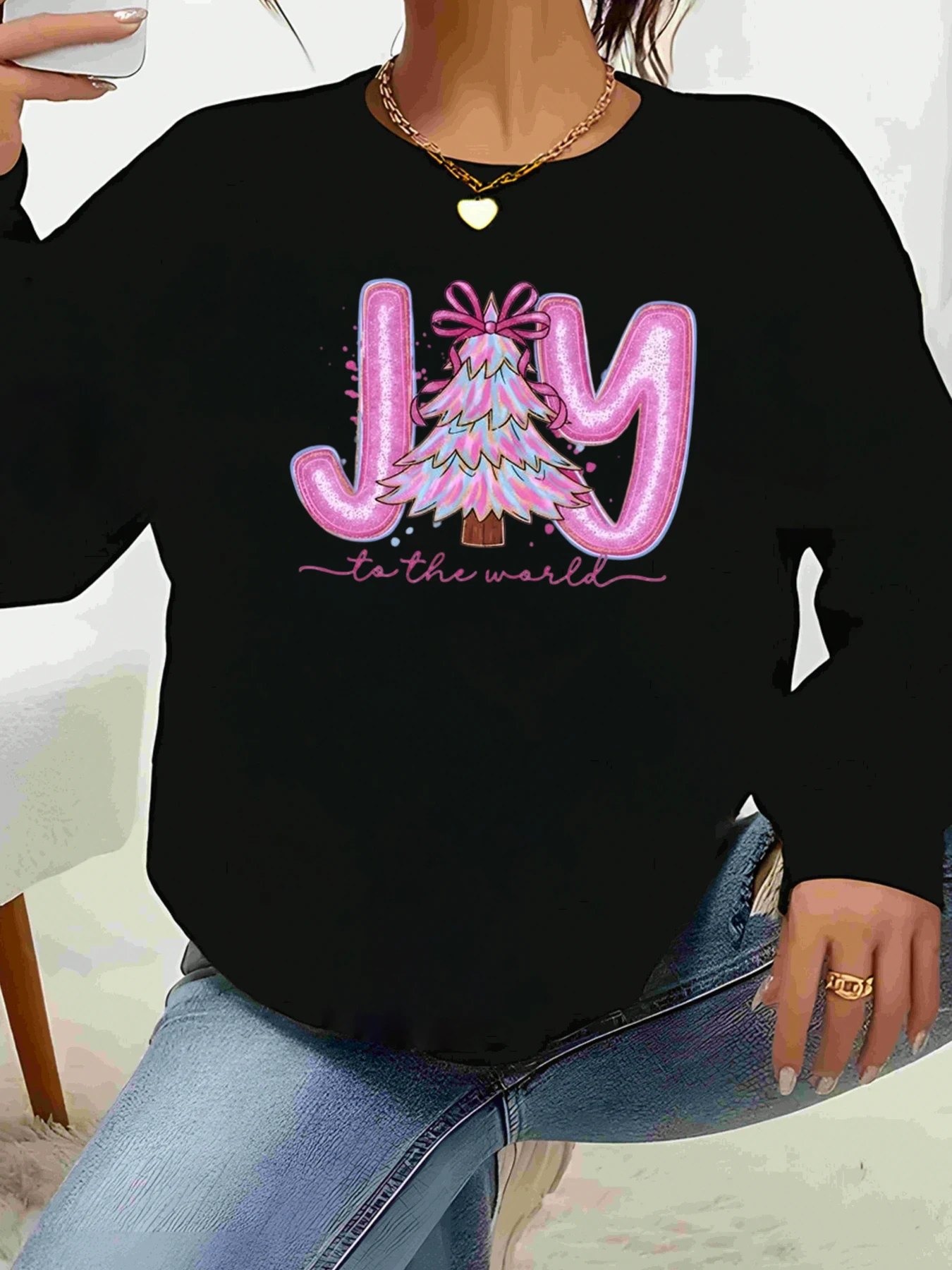 Joy to the World Suéter feminino casual com estampa de árvore de Natal de manga comprida para férias