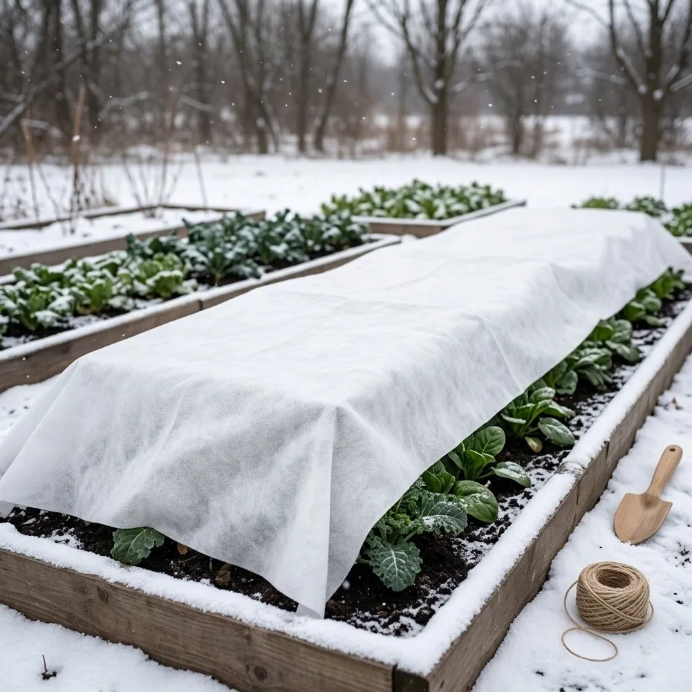 for row Crop Cover for Frost Prevention in Home Gardens Using Permeable Polypropylene That Supports Natural Plant Development
