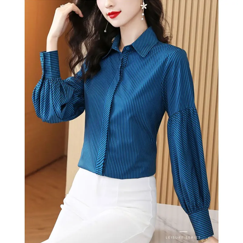 Women\'s Autumn Fashion Simplicity Striped Polo Collar Long Sleeve Chiffon Shirts Women Clothes Casual All-match Temperament Tops