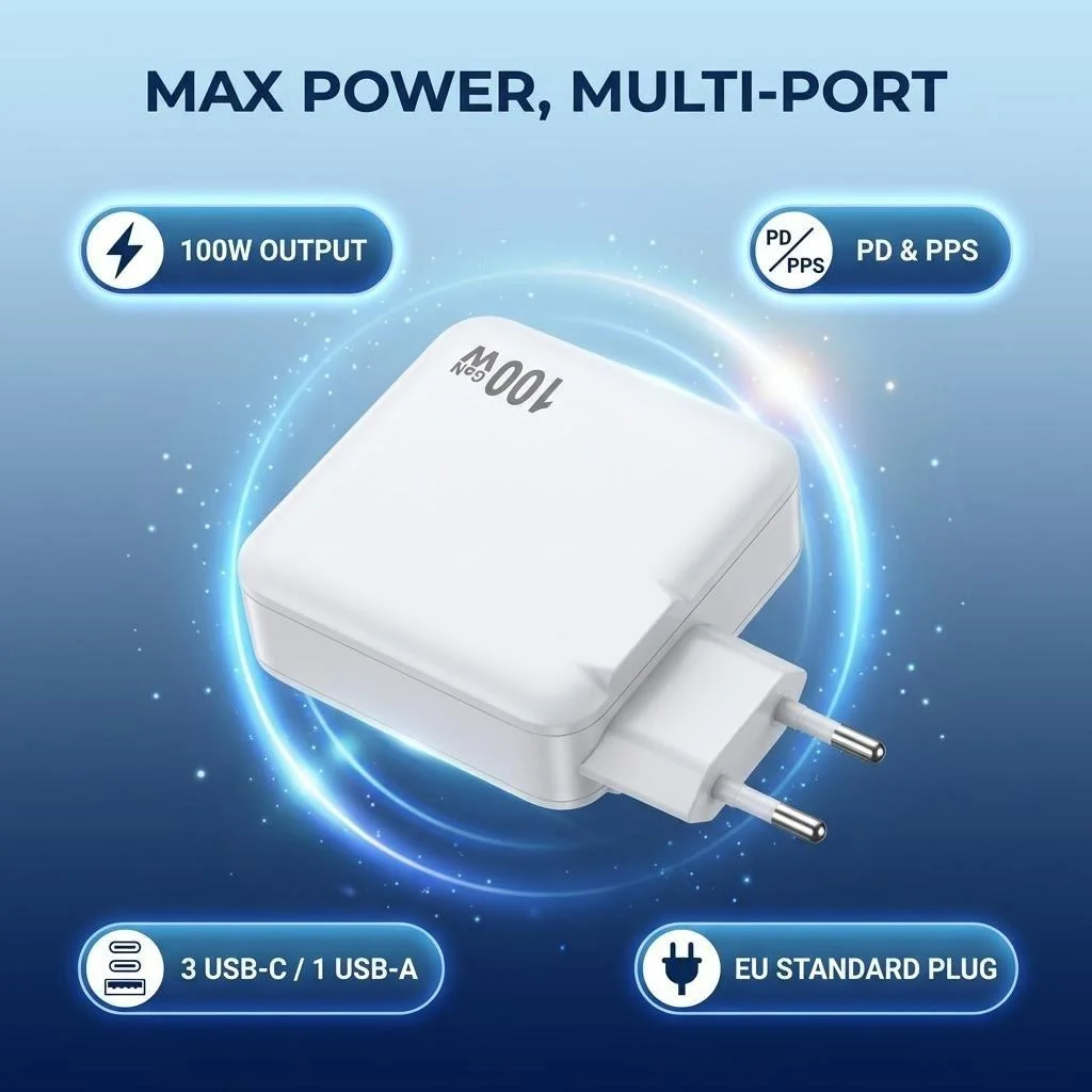 100W GaN Power Adapter 3 USB-C 1 USB-A – PPS PD Fast Charging Station for Laptop, iPhone 15, Android & Gaming Devices