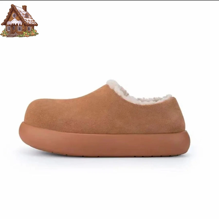 

2026 женские осенне-зимние замшевые тапочки-мулы с круглым носком на массивной подошве, стильная повседневная теплая обувь на подкладке из овчины