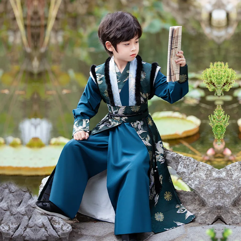 Hanfu Boys' 2024 Winter New Plush Tang Style Martial Arts Boy Handsome Chinese Style Performance Hanfu Suit