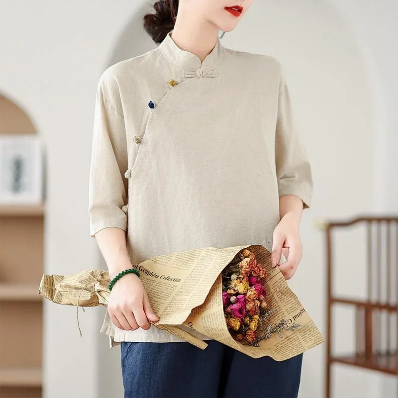 Shirt with Diagonal Placket and Stand-up Collar Tea Top New Women's Retro Cotton Linen Short-sleeved