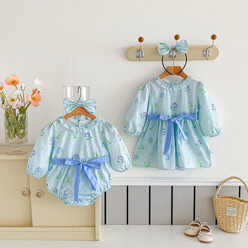 2024Baby Girl Blue Bow Triangle Climbing Clothes One-Piece Korean Elegant Style Kids Sweet Dress Sisters Costume Children Autumn