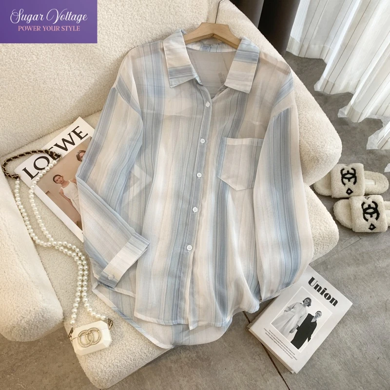 

Korean Sheer Chic Striped Shirt Women Summer Long Sleeve Loose Fit Gradient Pearl Shine Blouse Elegant Thin Y2k Streetwear Tops