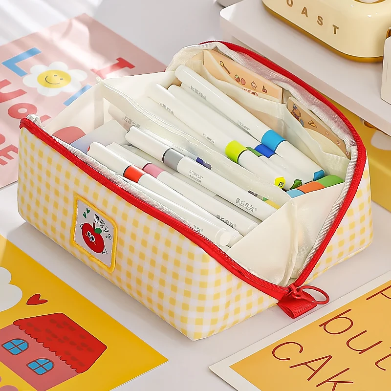 Cute Cartoon Apple Checkered Pencil Case Large Capacity Stationery Bag Aesthetic Pen Pouch for Student School Office Supplies