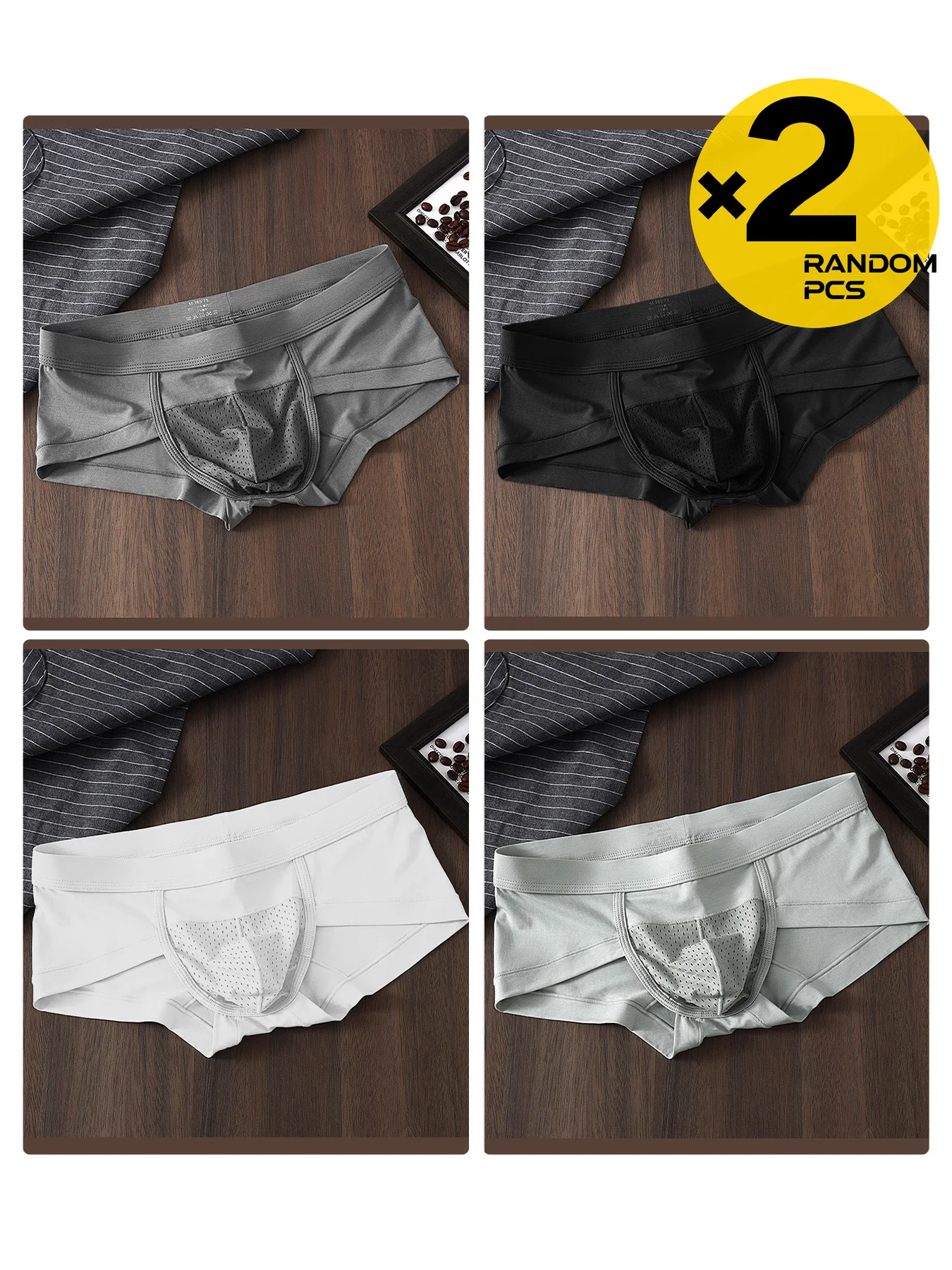 2pc RandomMen Low Rise Briefs Breathable Mesh Pouch Soft Stretch Solid Color Male Underwear Skin Friendly Daily Basic Underpants