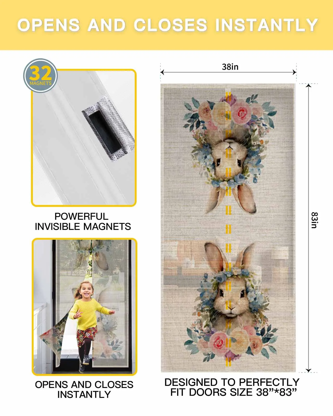 Easter Bunny Flowers Summer Magnetic Door Curtain Living Room Bedroom Home Anti-mosquito Screen Door Curtain