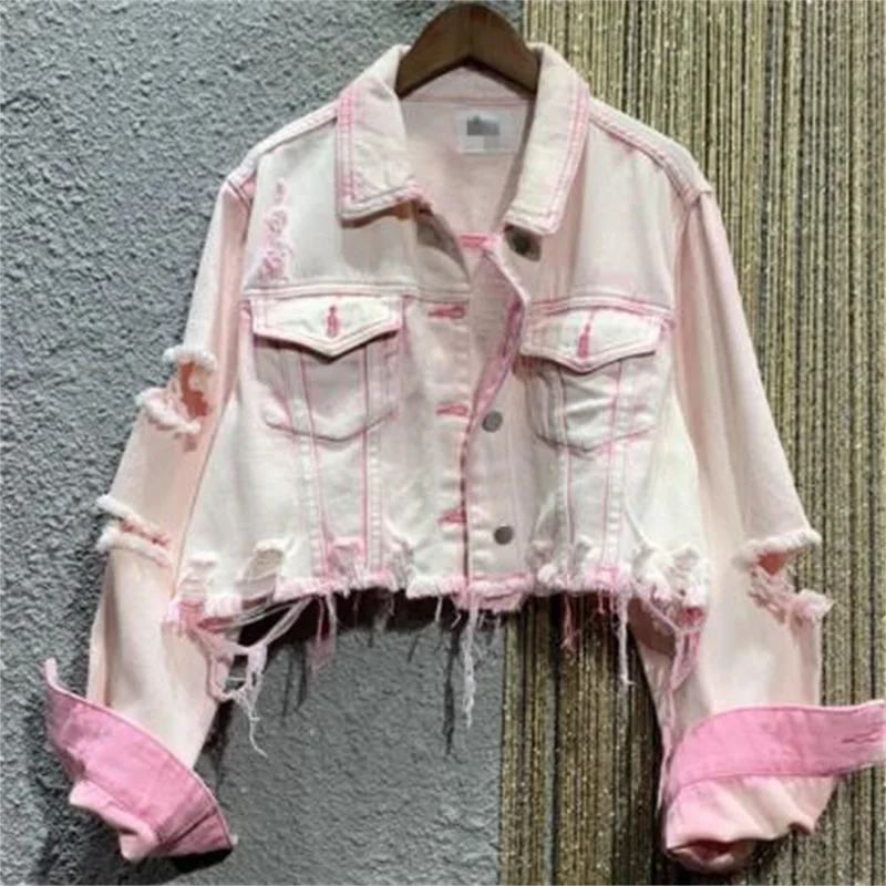 

2023 spring and autumn new ripped hole raw edge loose large size casual pink denim jacket short coat women'