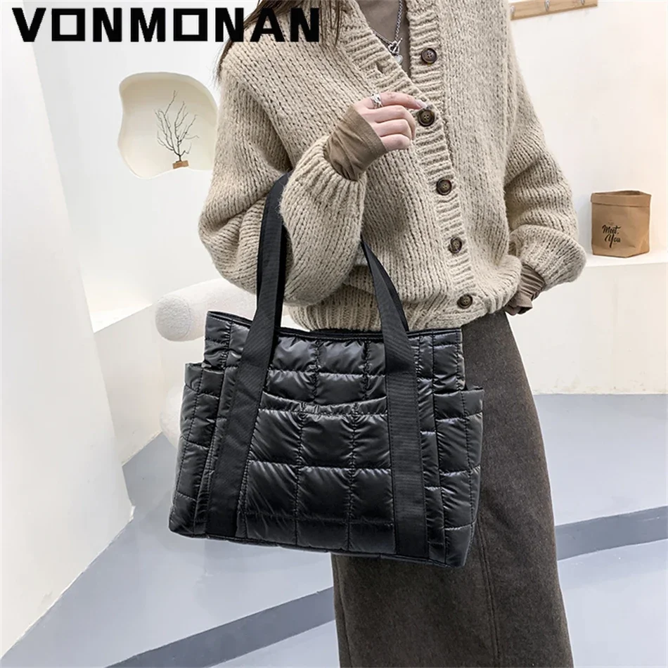 Winter Textured Padded Duffel Bag for Women 2024 Big Totes Plaid Shoulder Hand Bags Designer Handbags Space Cotton Shopper Sac