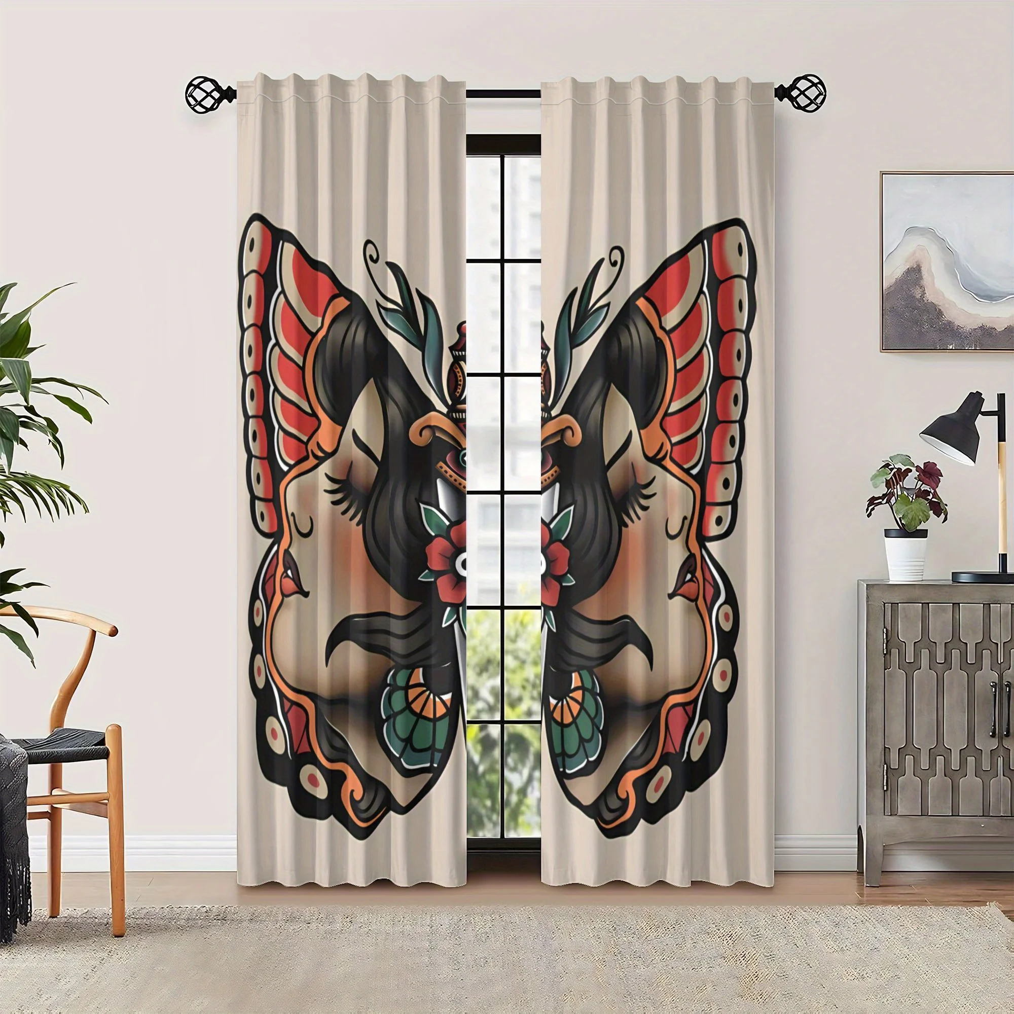 Tattoo Butterfly Woman Curtains Art Window Drapes Boho Design Home Decor Bohemian Theme Living Room