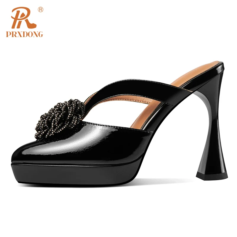 PRXDONG New Summer Genuine Leather Sexy High Heels Open Toe Black WHite Flower Dress Party Female Slippers Sandals Size 34-40