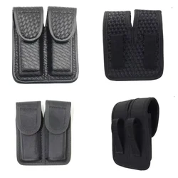 Tactical Black Basketweave Leather Double Magazine Holder Snap Double Handgun Double Mag Pouch