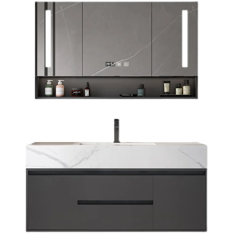 Modern Gray Wall Mount Bathroom Vanity Hotel Solid Wood Washroom Storage Cabinet Set Marble Floating Vanity