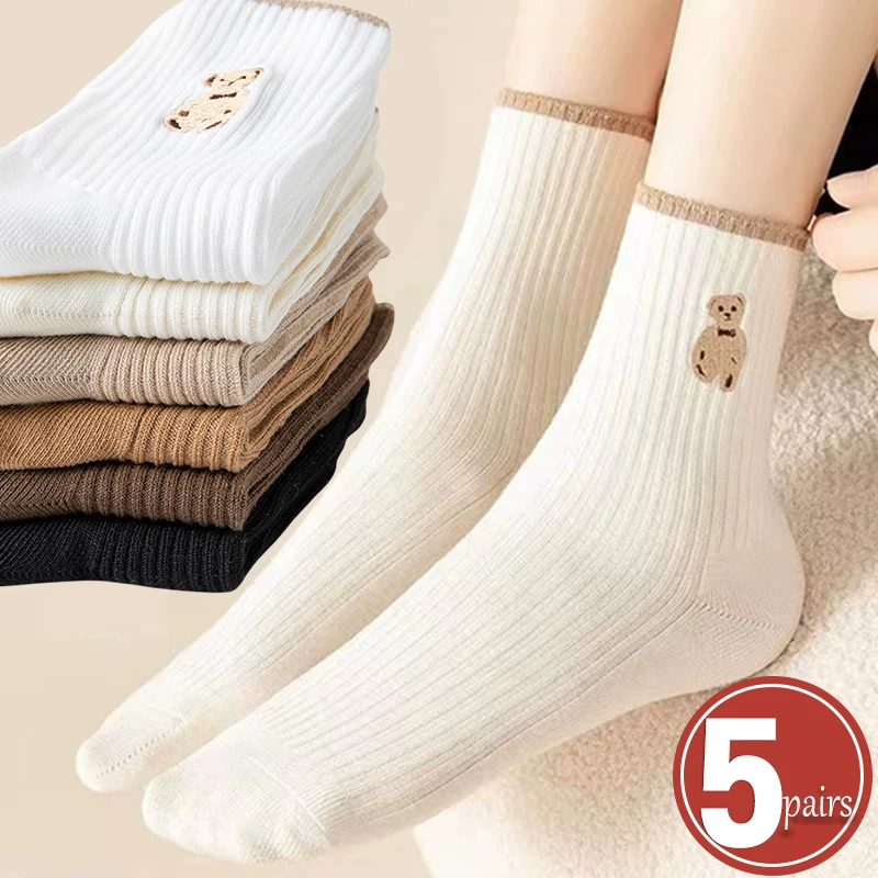 

1/5pairs Women Socks Winter Plus Velvet Thicken Warm Cotton Socks Cashmere Wool Socks Girls Cute Bear Sox Thermal Long Sock