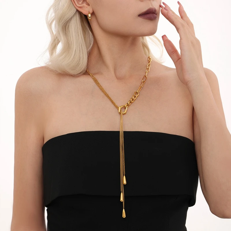 Multi Layer Pull-out Wasser Tröpfchen Pullover Kette Edelstahl Frauen Mode OL Licht Luxus Quasten Halskette Charme Schmuck – Detail 2
