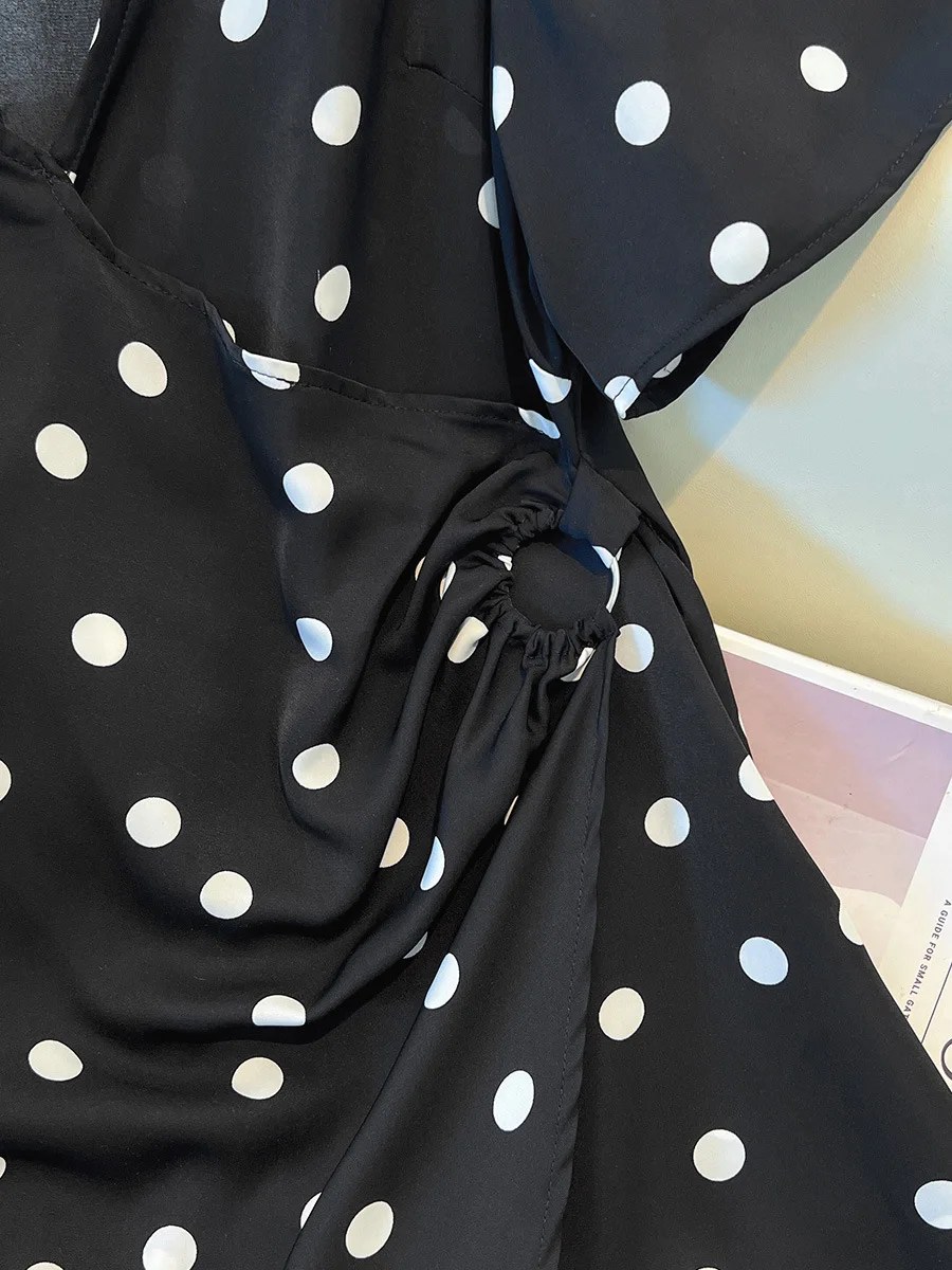 150kg plus size busto feminino 150 verão solto com decote em v manga curta bolinhas vestido plissado preto 5xl 6xl 7xl 8xl 9xl