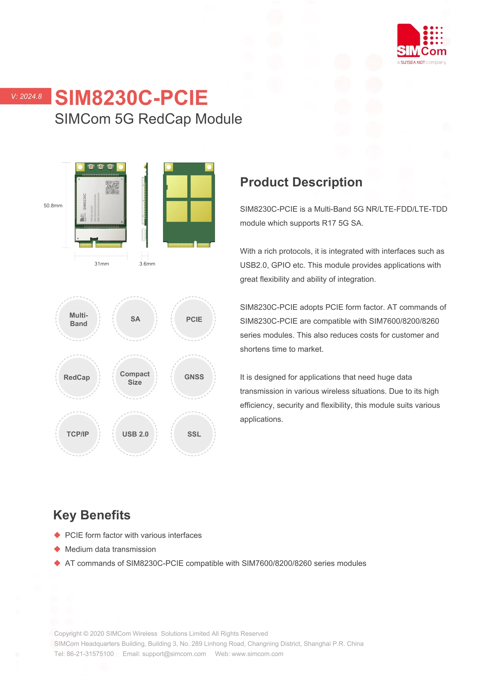 Módulo de comunicación SIMCOM core light 5G SIM8230C-PCIE Qualcomm Redcap doméstico con posicionamiento