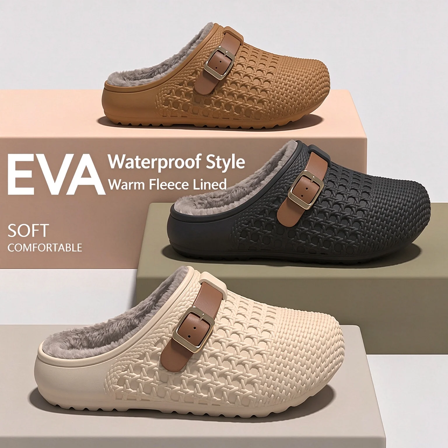 Winter Women Buckle Mary Jane House Shoes Waterproof Thick Cushion Sole Warm Fleece Lining Indoor Outdoor Cozy House Slippers