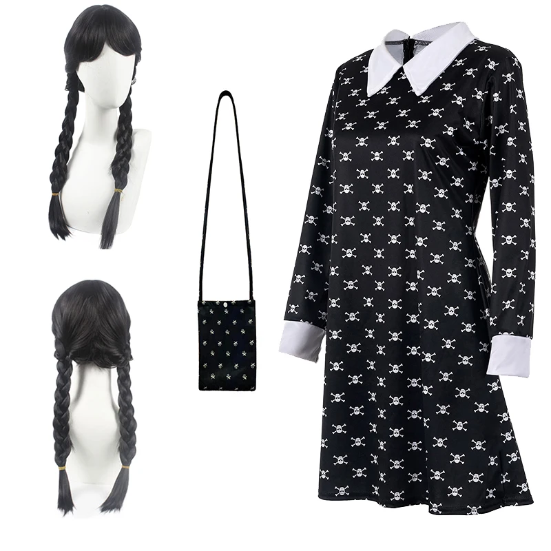 

Wednesday Adams Family Cosplay Skull Head Black Dress Lapel Collar Costume Outfits Girl Vintage Gothic Theme Party Halloween