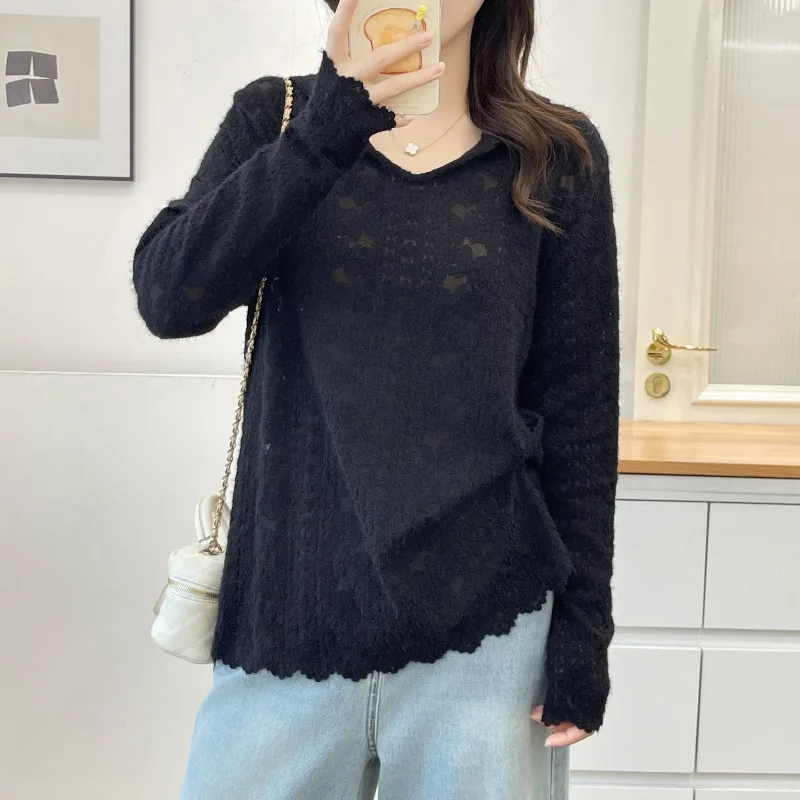 Women Hooded Lace Top Autumn Long Sleeve Hollow Out Slim Elegant Inner Blouse