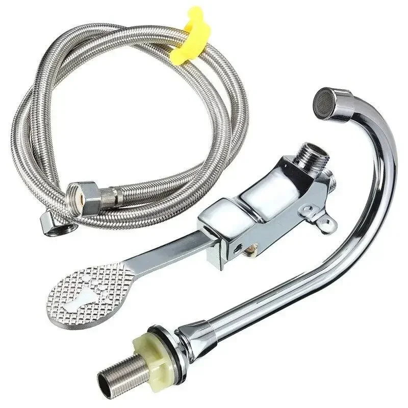 For Bathroom Hospital Hotel Single Cold Faucet Foot Pedal Valve Faucet Copper Vertical Basin + 1M Flexible Hose and Foot Plate