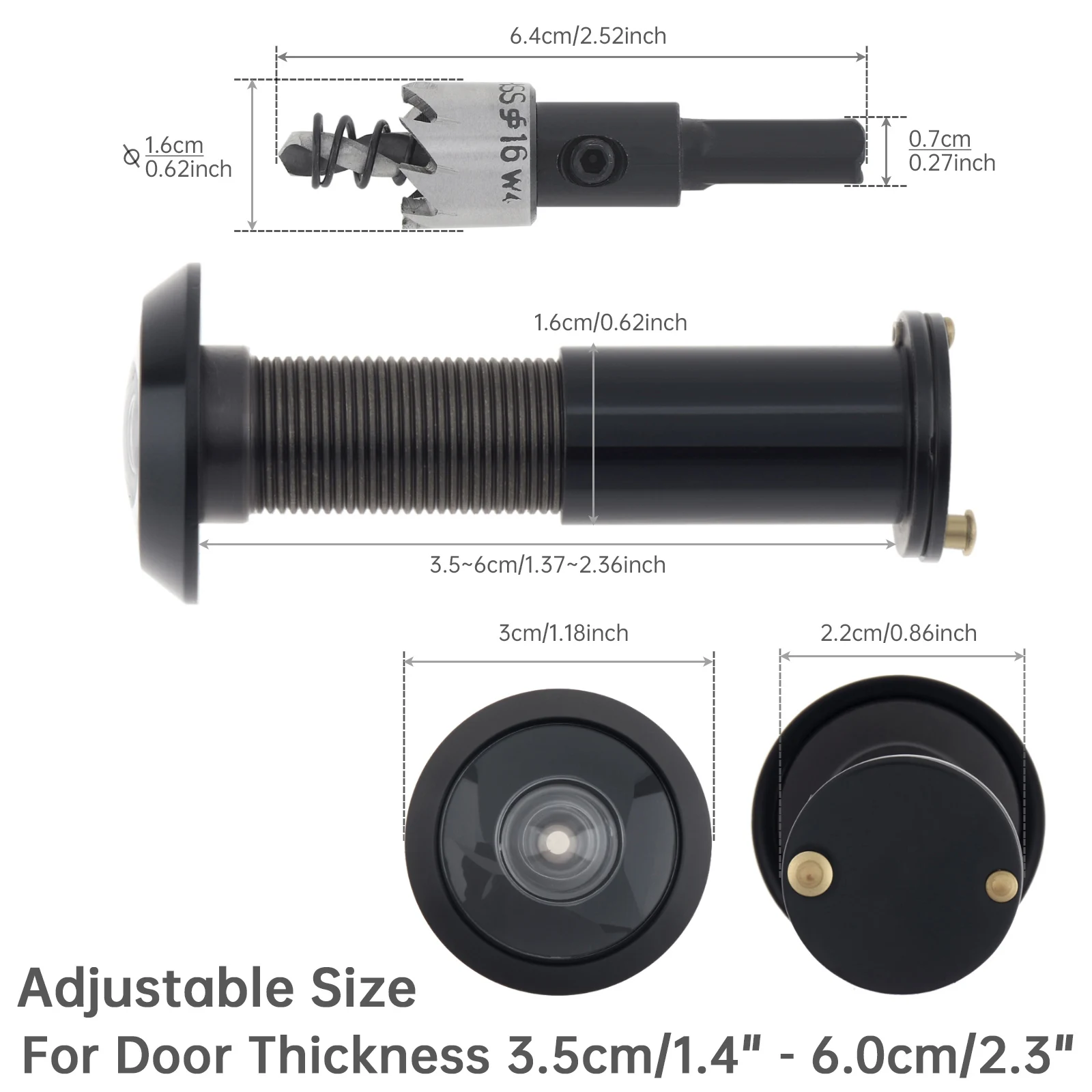 16mm 200 Degree Door Viewer Peephole Glass Lens Wide Angle Security Peek Peep Holes for 35-60mm Doors Thickness with 16mm Drill