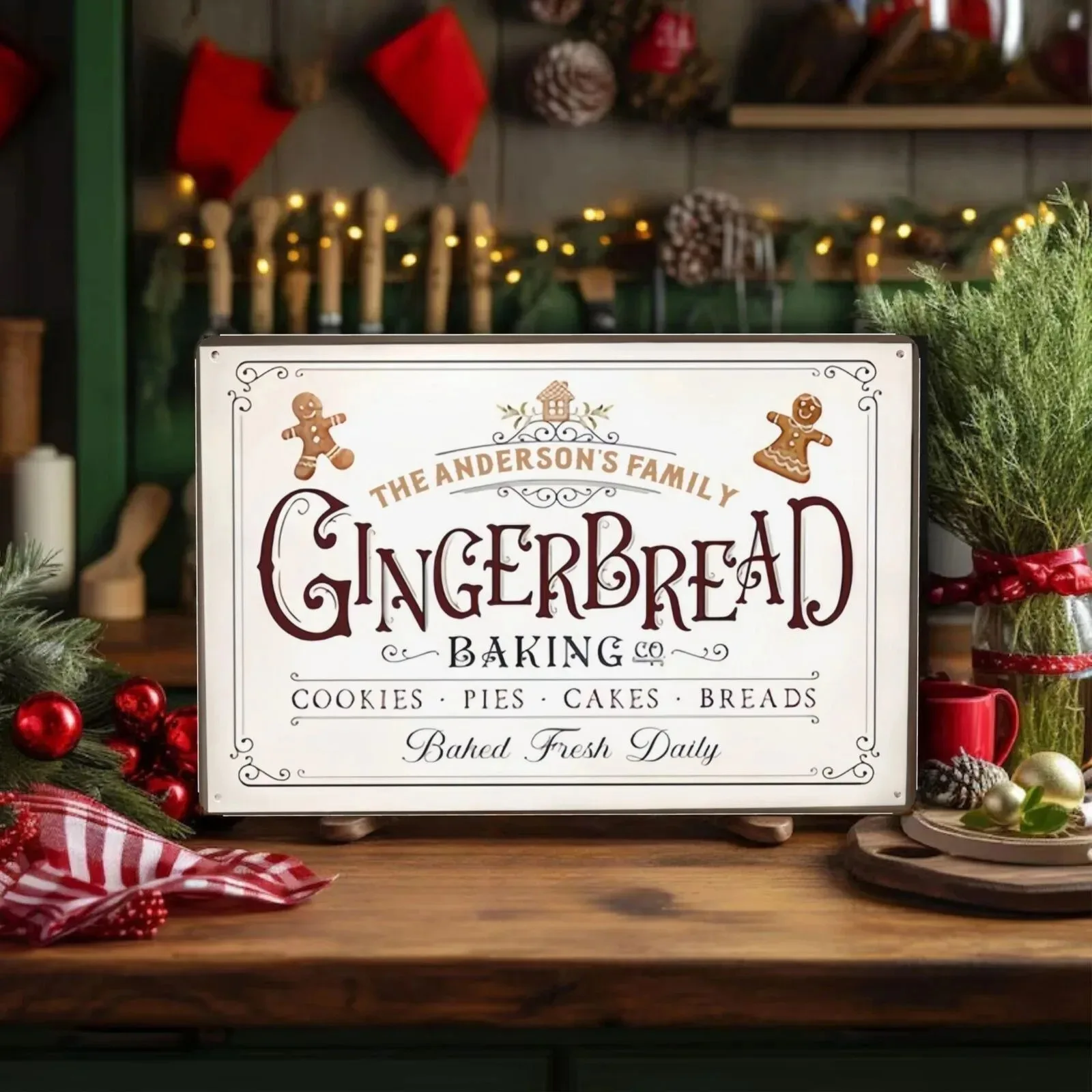 20×30CM 1pc 2D Flat Personalized Gingerbread Baking Company Metal Sign Custom Text Christmas Home Kitchen Wall Decor Gift