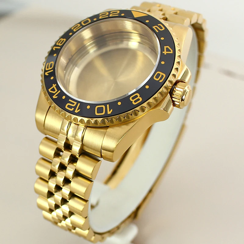 40mm caixa de relógio ouro 5 links pulseira vidro safira para nh35 nh36 nh34 4r36 miyota 8215 eta 2824 movimento gmt moda à prova dwaterproof água