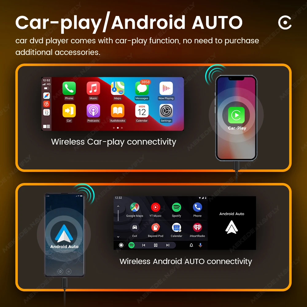 NAVIFLY 64GB Car Multimedia Player 1Din Android Intelligent System Wireless Carplay Auto Support BT FM Radio AUX Connection GPS