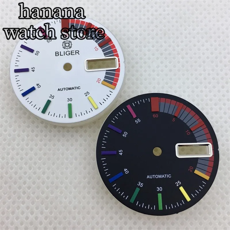 BLIGER NH36 izle arama 28.5mm siyah beyaz kadran gökkuşağı renkli zaman işaretleri Fit NH36 hareketi 3 saat taç