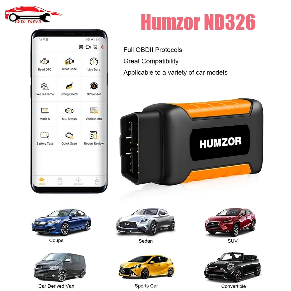 Автомобильный сканер humзор ND326, полная система, Bluetooth OBD2 сканер, Проверка кода двигателя, считыватель для ios и Android