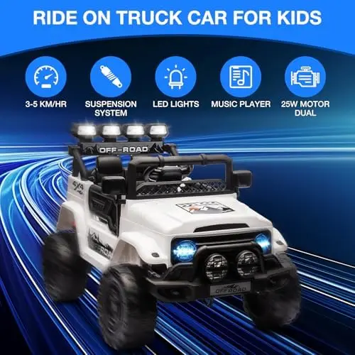 12V Ride On Truck Car, Battery Powered Car w/Remote Control, Spring Suspension, LED Lights, Bluetooth, 3 Speeds, Electric Car
