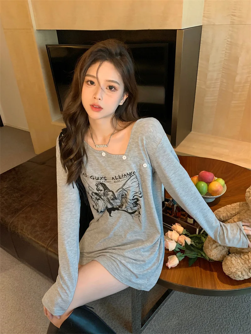 American Retro Off-The-Shoulder Long Sleeve T-Shirt Female Spring Fashion Thin Loose Print Sunscreen Smock Design Sense Y2k Tops