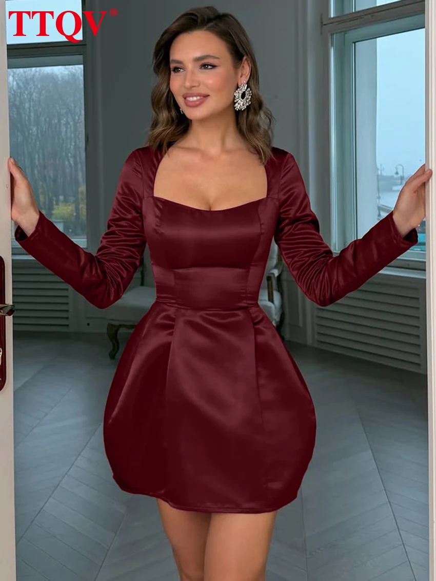 

TTQV Fashion Loose Wine Red Satin Women's Dress 2026 Sexy Square Collar Long Sleeve Mini Dresses Elegant High Waist Female Dress