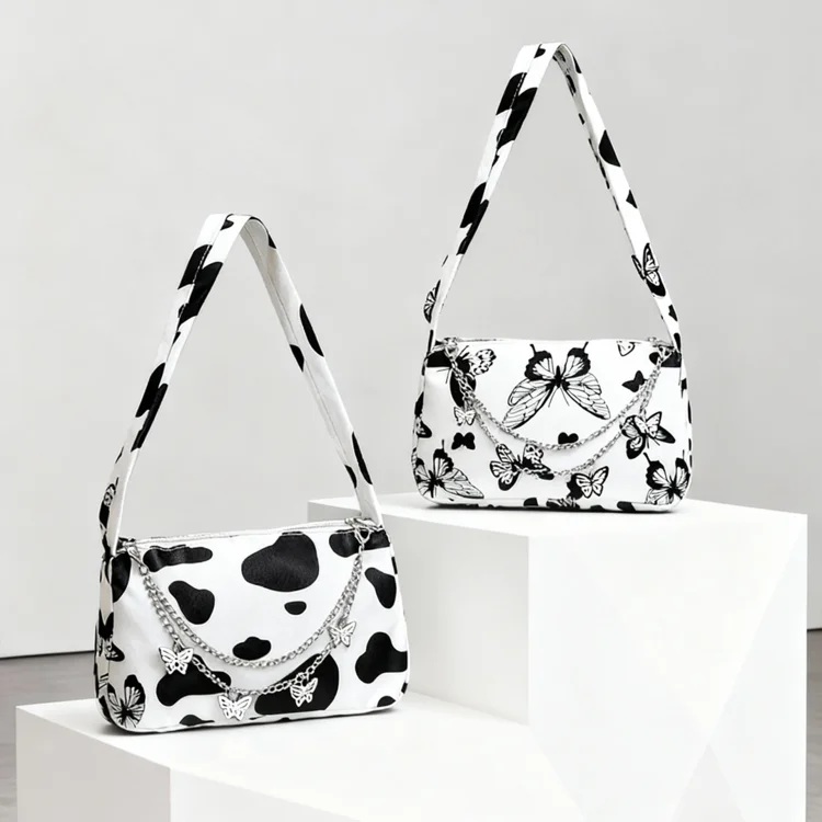 

Instagram-Worthy Cow Print Shoulder Bag, Butterfly Accent, Minimalist Spacious Top-Handle Bag for Women