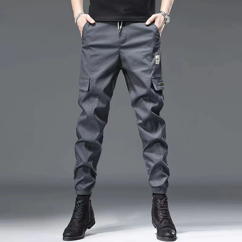 Men's Clothing Spring Autumn Bandage Solid Color Elastic High Waist Pockets Cargo Pencil Casual Trousers Korean Fashion Pants