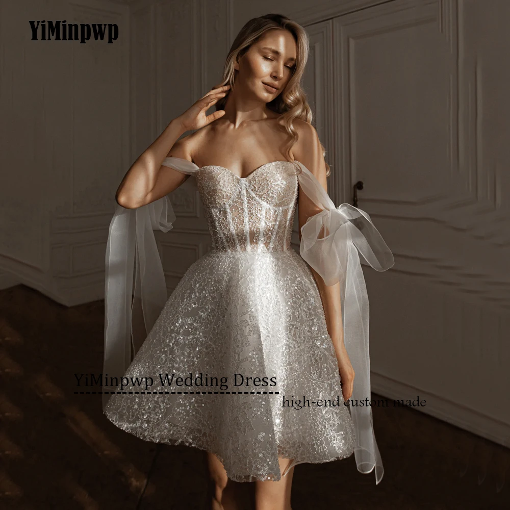 Mini Shiny Wedding Dresses Sequined A-Line Sweetheart Corset Bride Gowns Customized Wedding Party Gown Above Knee Customized