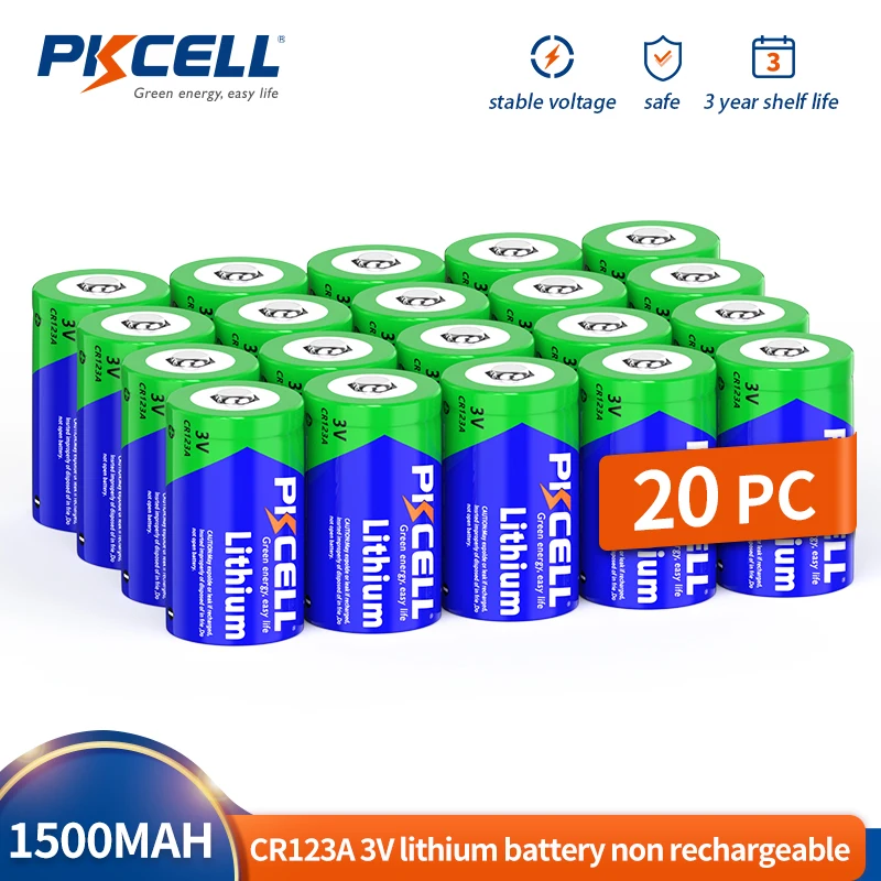 20PC PKCELL CR123A 3V Lithium Battery 3 Volt CR17335 CR17345 DL123A 123A Lithium Batteries For Digital Cameras, Surveillance