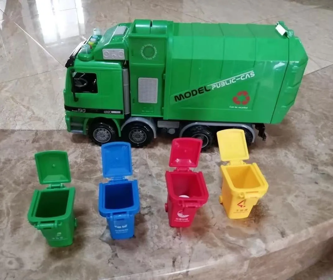 

Side Loading Garbage transfer car tricolor green trash traffic sanitation Truck Can Be Lifted With 3 Rubbish Bin kids baby gift