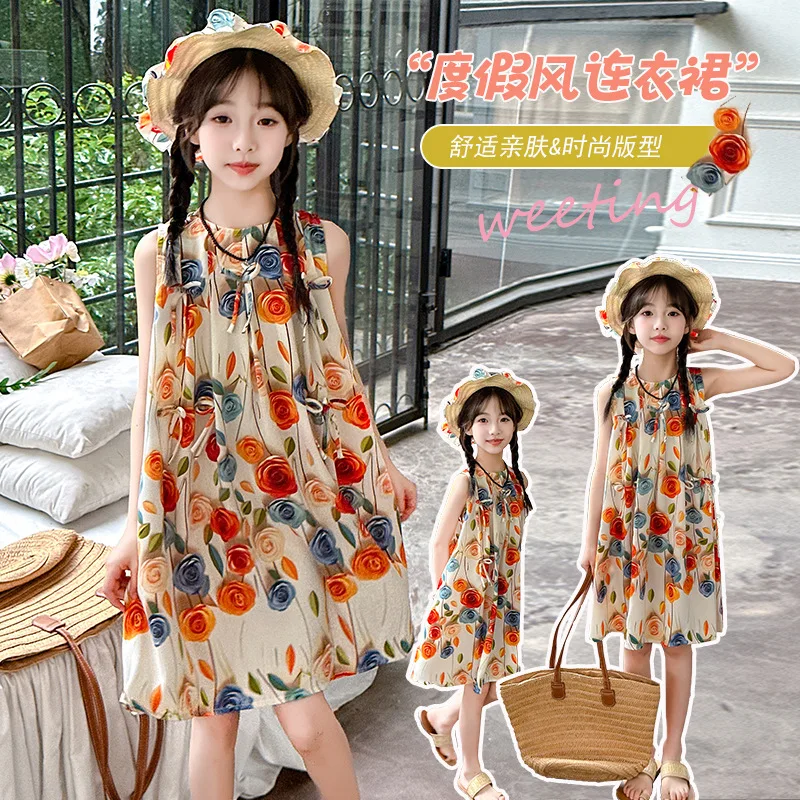 2025 Sleeveless lace Toddler Girl Summer Clothes FLORAL pearl Pleated Slip Dresses Casual Princess Party Kids 4 8 10 11 year