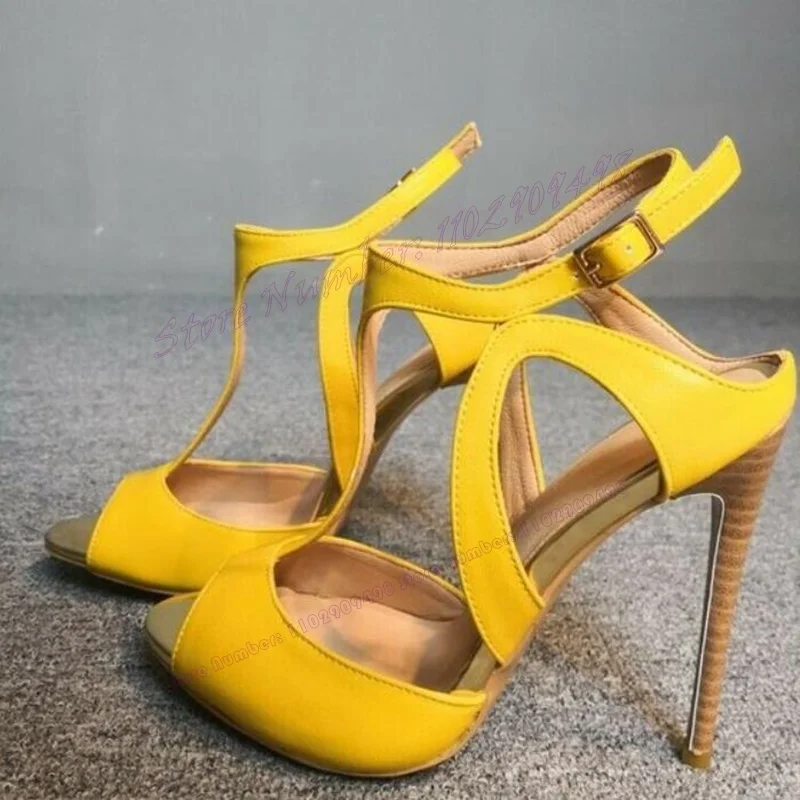 Yellow Wood Thin High Heels Sandals T-strap Peep Toe Shoes for Women Matte Leather Cut Heels Sexy Shoes 2023 Zapatos Para Mujere