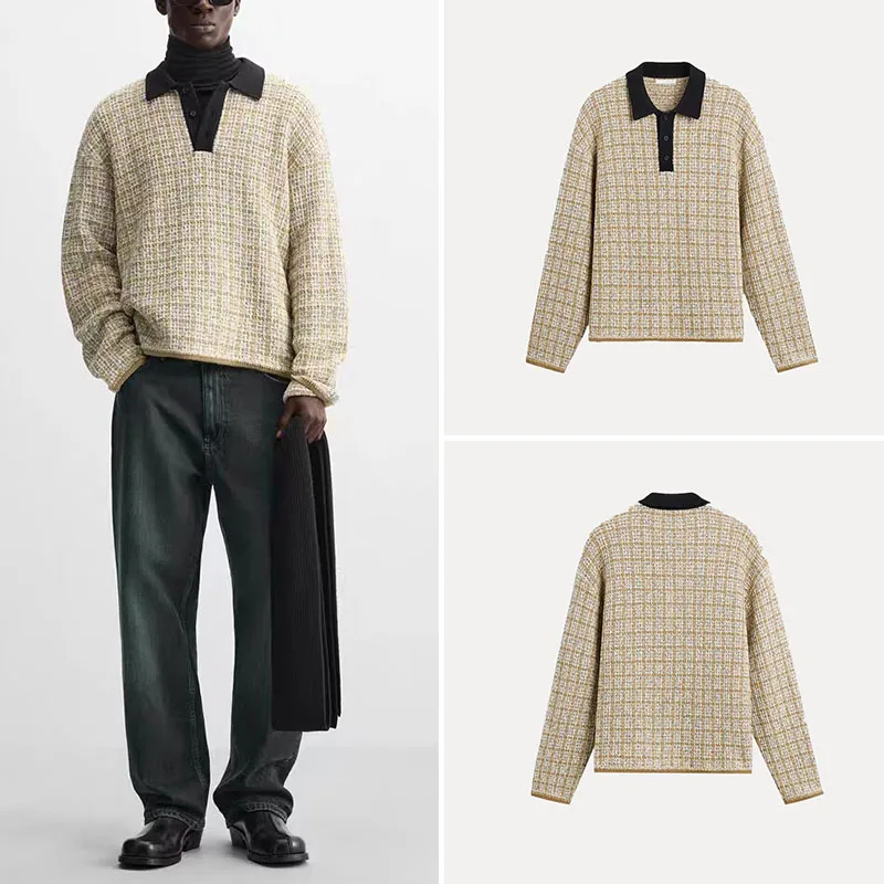 

Comfortable Knitted Long Sve Men's irt Ches Texture New Sle for Spring 2025 Polyester Fiber Youth Faion