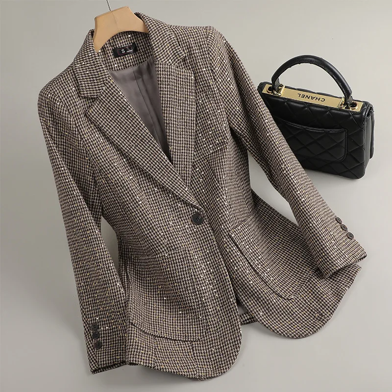 Sequined Houndstooth Blazers Women Spring Autumn Short Jacket Coat Ladies Suit 2025 New Plaid Small Suit Female Outerwear Tops