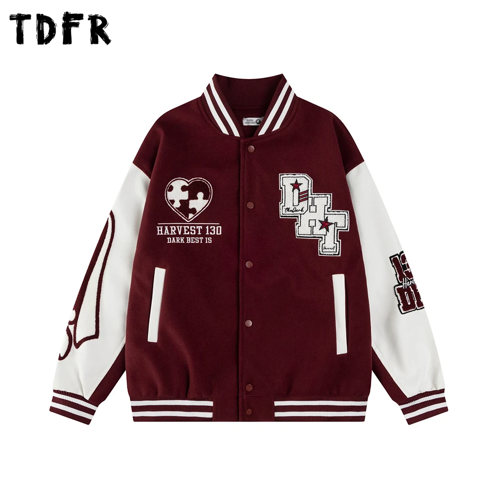 

Embroidery Spliced Baseball Jacket Mens Autumn Winter Casual Retro Single Breasted Stand Collar Sleeve PU Jacket Man Outerwear