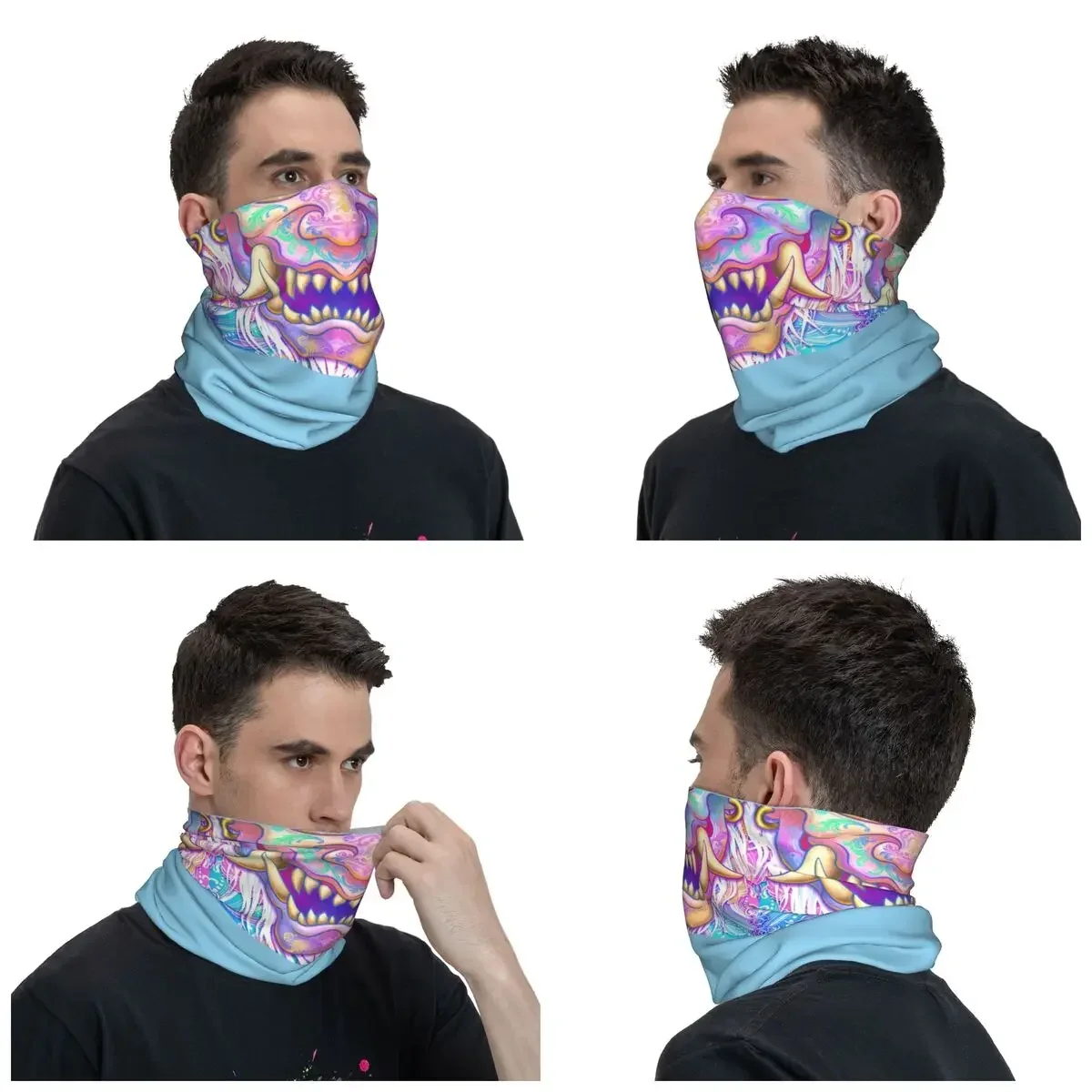 Vaporwave Harajuku Oni Neck Gaiter Men Women UV Face Shield Winter Japanese Samurai Demon Hannya Bandana Scarf for Ski