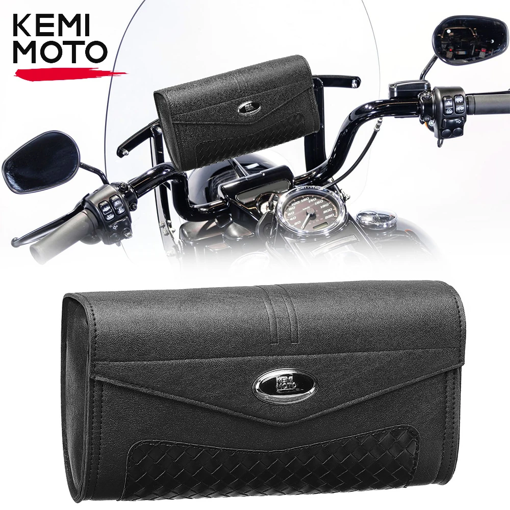 KEMIMOTO Motorcycle Windshield Bag Leather Windscreen Studded Pouch Windshield Tool Bag for Touring Road King Softail 1995-2024